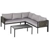 Outsunny 5 Seater Garden Corner Sofa Set, 4 Pieces Metal Garden Furniture Set with Loveseats, Glass Top Coffee Table, Breathable Mesh Pocket, Outdoor Conversation Furniture with Cushions, Light Grey