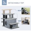PawHut Dog Steps for Bed, 4 Step Pet Stairs with Cat House, Detachable Cover, Jute Scratching Post, Cat Climb ladder for Sofa w/ Hanging Balls  - Grey