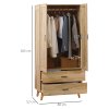 HOMCOM 2 Door Wardrobe, Modern Wardrobe with 2 Drawers and Hanging Rail for Bedroom, Flats, Natural