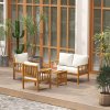 Outsunny 4 Piece Garden Furniture Set, 4 Seater Acacia Wood Patio Conversation Set with 2 Chairs, Loveseat, Thick Cushions and Coffee Table, Slat Design, Teak