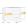HOMCOM LED Sideboard for Living Room, High Gloss 2-Door Storage Cabinet with 4 Drawers and Remote Control, White