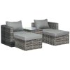 Outsunny 5 Piece Rattan Garden Furniture Set w/ 10cm Thick Cushions, Aluminium Frame Wicker Outdoor Balcony Sofa Set with Corner Armchairs, Ottomans, and Glass Top Table, Mixed Grey