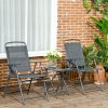 Outsunny Garden Bistro Set, 3 Pieces Table and Chairs Set, Outdoor Garden Furniture with Foldable Breathable Mesh Fabric Armchairs & Glass Top Coffee Table, Dark Grey