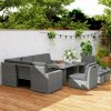Outsunny 10 Seater Rattan Dining Set with Expandable Table and Nesting Chairs, Rattan Garden Furniture Set with Cushions, Outdoor Dining Table and Chairs, Sectional Corner Sofa Set, Light Grey