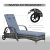 Outsunny Rattan Sun Lounger, Garden Lounger Recliner with Wheels and Adjustable Backrest, Outdoor Reclining Sunbed Garden Chair with Cushion and Headrest for Patio, Beach, Terrace, Grey