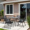 Outsunny 5-Piece Garden Dining Set with 4 Foldable Armchairs, Outdoor Furniture Set with Parasol Hole and Wood-plastic Composite Top Dining Table, Mesh Seat, Black
