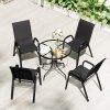 Outsunny 5 Pieces Garden Dining Set, 4 Seater Garden Furniture with High Back Stackable Chairs and Round Glass Top Table, Outdoor Bistro Set with Parasol Hole for Patio, Black