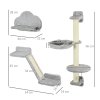 PawHut Three-Piece Wall-Mounted Cat Shelves, with Hammock, Cloud-Shaped Jumping Platform, Ladder, Scratching Post, Cat Wall Furniture with Play Ball for Large Cats - Grey