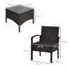 Outsunny 3 Pieces Rattan Bistro Set, Wicker Garden Furniture Set with Glass Top Coffee Table and Chairs, Washable Cushions for Outdoor, Patio, Balcony, Brown