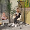 Outsunny Hanging Egg Chair Outdoor Indoor Garden Swing Chair with Folding Basket and Thickened Cushion, Garden Hanging Chair with Stand, Headrest, Cup Holder for Patio, Balcony, Khaki