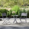 Outsunny 3 Pieces Outdoor Bistro Set, Glass Top Outdoor Table and 2 Folding Chairs, Garden Furniture Set with Protecting Feet, Steel Frame, Easy Clean, Grey