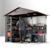 Outsunny 8 x 6ft Metal Garden Shed, House Hut Gardening Tool Storage with Ventilations, Sliding Door, Sloped Roof for Garden, Patio, Brown Wood Effect