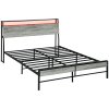 HOMCOM 5ft King Size Bed Frame with LED Lights and Charging Station, Platform Bed Frame with Storage Headboard, Steel Slat Support, No Box Spring Needed, Easy Assembly, Cement Grey