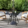 Outsunny Garden Dining Table, Outdoor Square Coffee Table with Wood Grain Effect Steel Tabletop, Parasol Hole and Foot Pads for Balcony, Porch, Black
