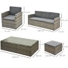 Outsunny 5 Pieces Rattan Garden Furniture Set, Wicker Garden Sofa Set with Storage Sofa and Ottomans, 2 Armchairs, Glass Coffee Table, Outdoor Conservatory Furniture with Cushions for Patio, Grey
