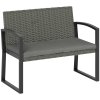 Outsunny 2 Seater Rattan Garden Bench, Outdoor Bench with Cushion, PE Wicker Garden Loveseat with Armrests, Galvanised Steel Frame for Patio, Park, Dark Grey