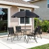 Outsunny 6 Piece Garden Dining Set with Umbrella, Patio Sets with Parasol with 4 Folding Dining Chairs & Round Tempered Glass Table, Black