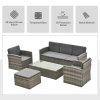 Outsunny 5 Pieces Rattan Garden Furniture Set, Wicker Garden Sofa Set with Storage Sofa and Ottomans, 2 Armchairs, Glass Coffee Table, Outdoor Conservatory Furniture with Cushions for Patio, Grey