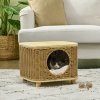 PawHut Wicker Cat House, Elevated Design Rattan Cat Bed Basket with Washable Soft Cushion, Door Hole, for Indoor Cats Kittens, Light Brown