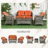 Outsunny 4 Pieces Outdoor PE Rattan Garden Furniture with Cushions, Patio Special Hand Weave Wicker Conservatory Sofa Set with Glass Top Coffee Table, Orange