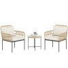 Outsunny 3 Piece Rattan Bistro Set, Wicker Garden Furniture Set with Cushions, Glass Top Coffee Table and Chairs for Outdoor, Patio, Balcony, Beige