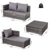 Outsunny 3 Pieces Rattan Garden Furniture Sofa Set, 4 Seater Garden Corner Sofa with 5-Level Reclining Sun Lounger and Storage Coffee Table, Outdoor Furniture Conservatory Set with Cushions, Grey