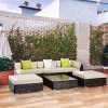 Outsunny 6 Pieces Rattan Garden Furniture Set, 5 Seater Garden Sofa Set with Thickened Cushions, Glass Top Coffee Table and Ottomans, Outdoor Sectional Conservatory Furniture with Pillows, Brown