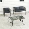 Outsunny 4 Piece Rattan Garden Furniture Set, 4 Seater Wicker Outdoor Furniture Set with 2 Armchairs, Loveseat, Glass Top Coffee Table and Cushions for Balcony, Porch, Grey