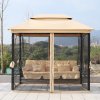 Outsunny 3 Seater Swing Chair 3-in-1 Convertible Garden Swing Seat Bed Gazebo Patio Bench Outdoor with Double Tier Canopy, Cushioned Seat, Mesh Sidewalls, Beige