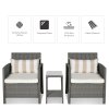 Outsunny 3 Pieces Rattan Bistro Set, Wicker Garden Furniture Set, Glass Top 2-tier Coffee Table and Chairs Set with Pillows and Washable Cushions for Outdoor, Patio, Balcony, Light Grey