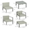 Outsunny 6 Pieces PE Rattan Garden Furniture Set with Sofa, Armchairs, Stool, Patio Sofa Set with Metal Coffee Table, Cushions, for Poolside, Light Grey