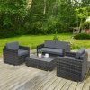 Outsunny 4 Pieces Outdoor PE Rattan Sofa Set with Cushions, Patio Wicker Conversation Furniture Set with Glass Top Coffee Table, Mixed Grey