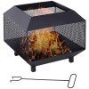 Outsunny Metal Square Fire Pit Outdoor Mesh Firepit Brazier w/ Lid, Log Grate, Poker for Backyard, Camping, Bonfire, Wood Burning Stove, 44 x 44 x 40cm, Black