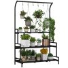 Outsunny Tall Plant Stand with Hanging Hooks, 3 Tiered Plant Rack Ladder Shelf for Indoor Outdoor Porch Balcony Living Room Bedroom, Black