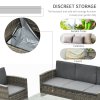 Outsunny 5 Pieces Rattan Garden Furniture Set, Wicker Garden Sofa Set with Storage Sofa and Ottomans, 2 Armchairs, Glass Coffee Table, Outdoor Conservatory Furniture with Cushions for Patio, Grey