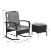 Outsunny 3 Pieces Rattan Bistro Set, Wicker Garden Furniture Set with Cushions, Glass Top Coffee Table and Rocking Chairs, Small Balcony Furniture for Outdoor, Porch, Black