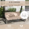 Outsunny 2-in-1 Garden Swing Seat Bed, 3 Seater Convertible Swing Chair Bench with Tilting Canopy, Cushioned Seat and 2 Pillows for Patio, Garden, Light Brown