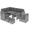 Outsunny 10 Seater Rattan Dining Set with Expandable Table and Nesting Chairs, Rattan Garden Furniture Set with Cushions, Outdoor Dining Table and Chairs, Sectional Corner Sofa Set, Light Grey