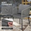 Outsunny 3 Piece Rattan Bistro Set, Patio Wicker Conversation Furniture Set with 2 Chairs, Tempered Glass Table, Cushions, Adjustable Foot Pads, for Garden, Balcony, Grey