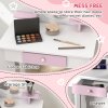 ZONEKIZ Kids Dressing Table with Mirror and Stool , Kids Vanity Table Girls Dressing Table with Drawer, Storage Shelf, Rabbit Design, for Ages 3-6 Years - White and Pink