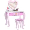 AIYAPLAY Kids Dressing Table Set, 2-Piece Children Vanity Table with Stool, Mirror, Drawer, Desktop, Storage, Heart-Themed Makeup Desk and Chair, Pink