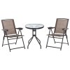 Outsunny 3 Piece Outdoor Bistro Set, Patio Conversation Furniture Set with 2 Folding Backrest Adjustable Armchairs and Glass Top Coffee Table, Brown