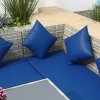 Outsunny 5 Pieces Rattan Garden Furniture Set, 6 Seater Wicker Dining Set, Corner Garden Sofa Outdoor Furniture Set with Glass Top Table, Footstool and Cushions for Patio, Dark Blue
