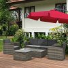 Outsunny 5 Pieces Rattan Garden Furniture Set, Wicker Garden Sofa Set with Storage Sofa and Ottomans, 2 Armchairs, Glass Coffee Table, Outdoor Conservatory Furniture with Cushions for Patio, Grey
