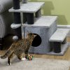 PawHut Dog Steps for Bed, 4 Step Pet Stairs with Cat House, Detachable Cover, Jute Scratching Post, Cat Climb ladder for Sofa w/ Hanging Balls  - Grey