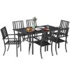 Outsunny 7 Pieces Patio Dining Set, 6 Seater Outdoor Table and Stackable Chairs with Umbrella Hole, Galvanised Steel Frame, Space Saving, for Poolside, Garden, Black