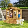 Outsunny Wooden Playhouse for Kids Outdoor Wendy House with Door, Windows, Mailbox, Flower Pot Holder, Serving Station, Bench for Children, Toddlers, Yellow