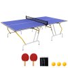 SPORTNOW 9FT Foldable Table Tennis Table, Fold Into Quarters, Indoor Portable Full Size Ping Pong Table with Cover, Net, Paddles, Balls, Blue