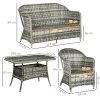 Outsunny 4 Pieces Rattan Garden Furniture Set, Round Wicker Garden Sofa Set with Loveseat, Armchairs and Glass Top Table, Outdoor Conservatory Furniture with Cushions for Patio, Balcony, Grey