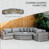 Outsunny 6 Pieces Outdoor PE Rattan Wicker Sofa Set with 10cm Thick Padded Cushionsand Half Round Patio Conversation Furniture Set with Angled Corner Designand Ottomansand and Back Pillows, Grey